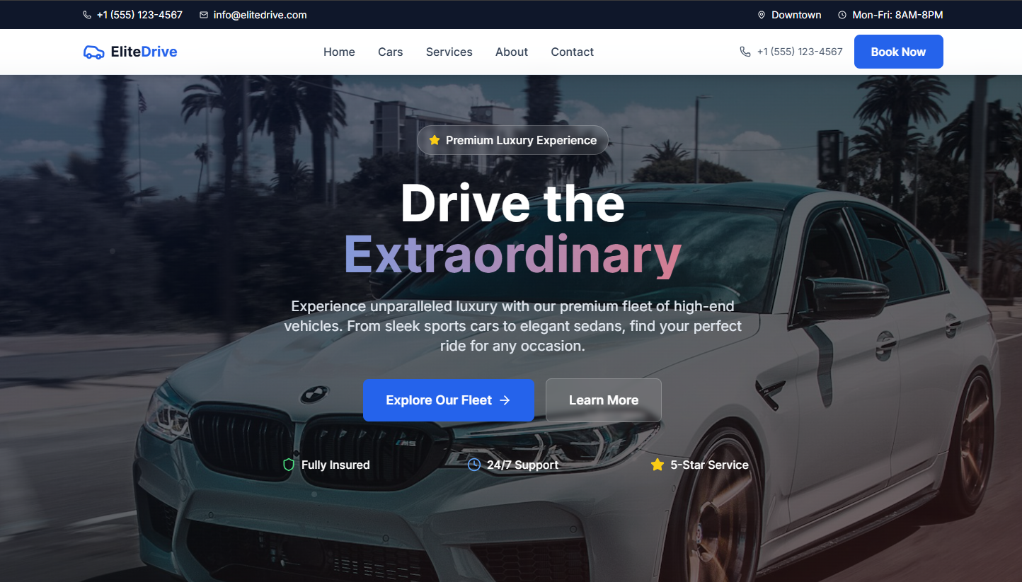 EliteDrive homepage with luxury car showcase and modern design